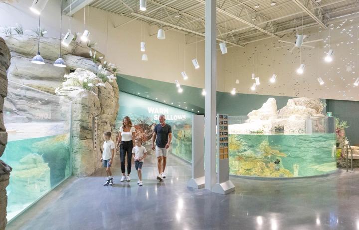 Family walking through the Sobela Ocean Aquarium at the KC Zoo