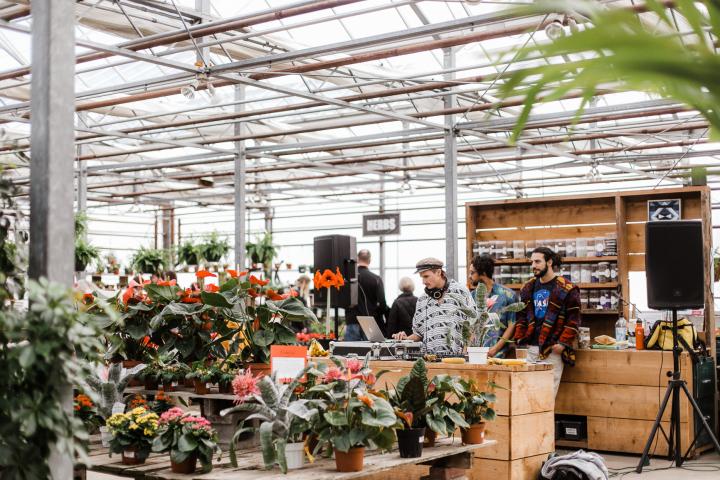 A DJ running a table in the middle of a plant nursery