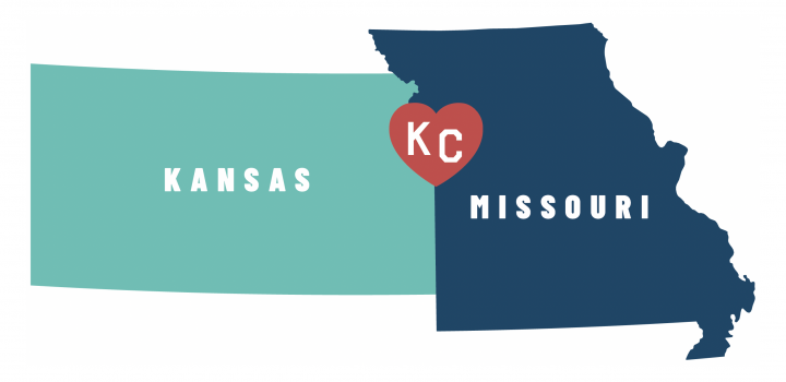 Kansas and Missouri states, with Kansas City marked with a KC Heart in the middle