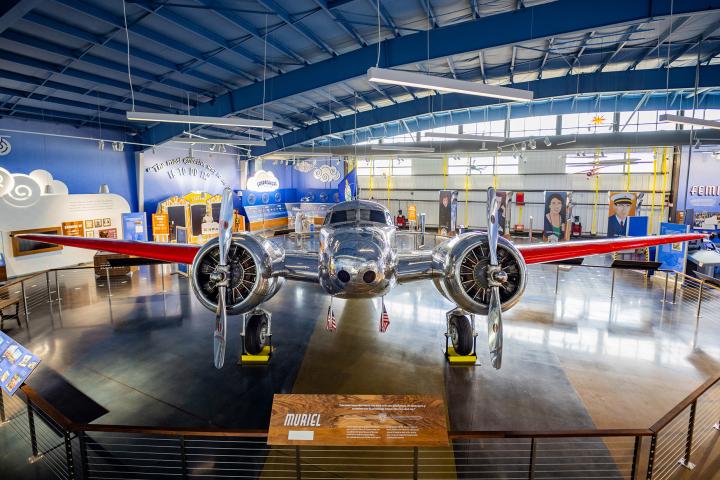 Lockheed Electra model plane hanging in the Amelia Earhart Hangar Museum
