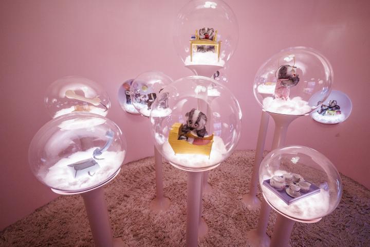 Clear orbs with items depicting various characters and items from a children's book