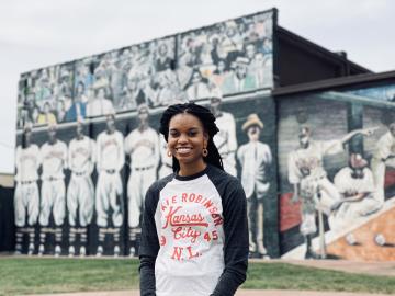 Kiona Sinks in Front of Negro Leagues Baseball Museum